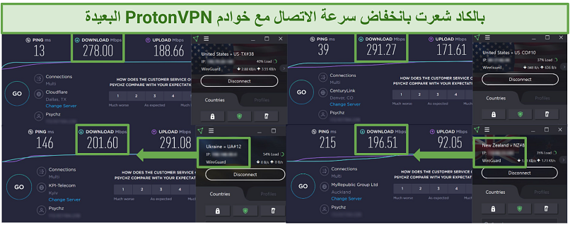 Speed test results using Proton VPN connected to 4 different server locations