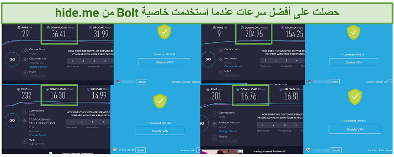 Speed test results using hideme connected to 4 different server locations