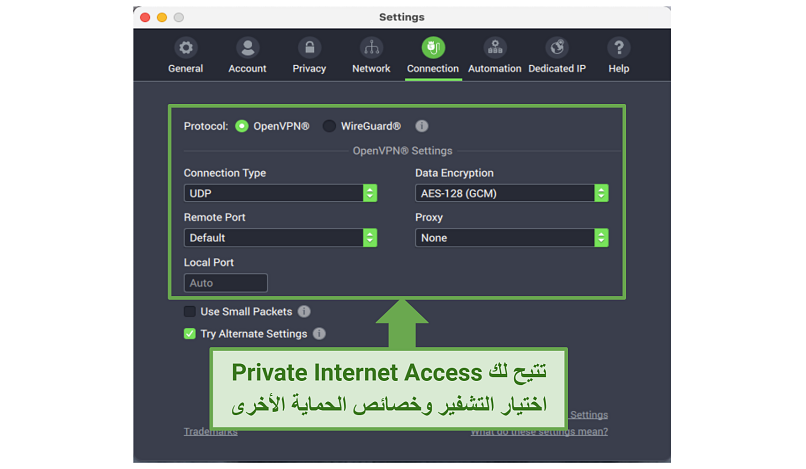 Graphic showing PIA security settings