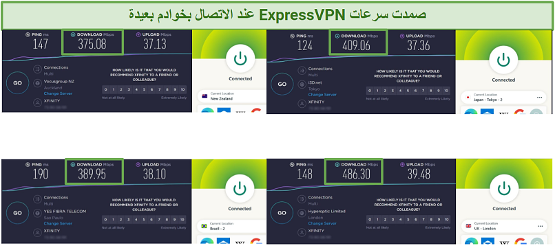 Screenshot of ExpressVPN's long-distance Ookla speed test results