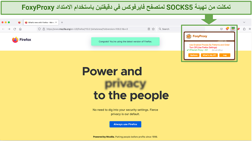 Screenshot showing a Firefox browser connected to a SOCKS5 proxy in New York