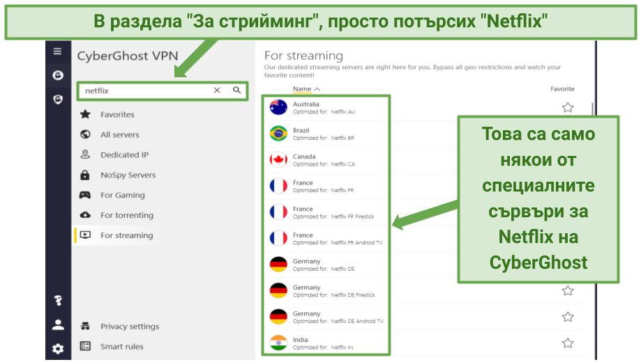 Screenshot displaying a list of CyberGhost's Netflix-optimized servers