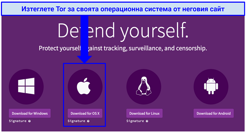 The Tor download webpage with indication of where to click to download Tor for OS X