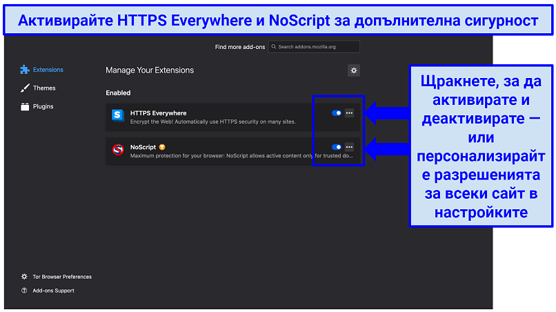 Tor's extension preferences, indicating how to enable, disable, and manage HTTPS Everywhere and NoScript