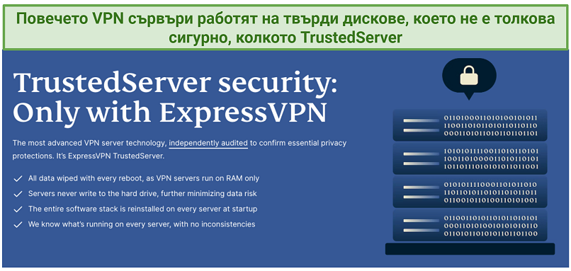 Screenshot showing ExpressVPN's TrustedServer Technology webpage on its website.