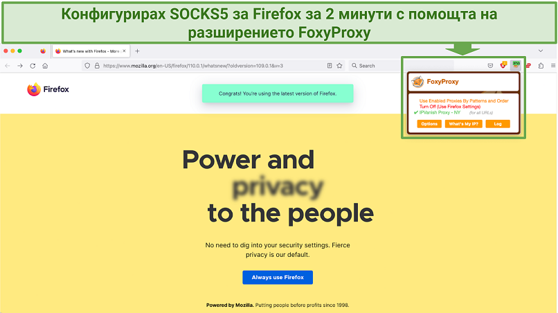 Screenshot showing a Firefox browser connected to a SOCKS5 proxy in New York