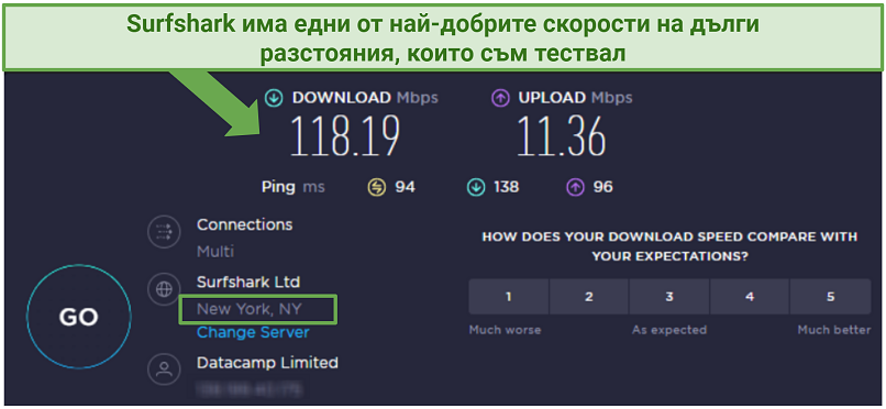 speed test result from Surfshark's New York server