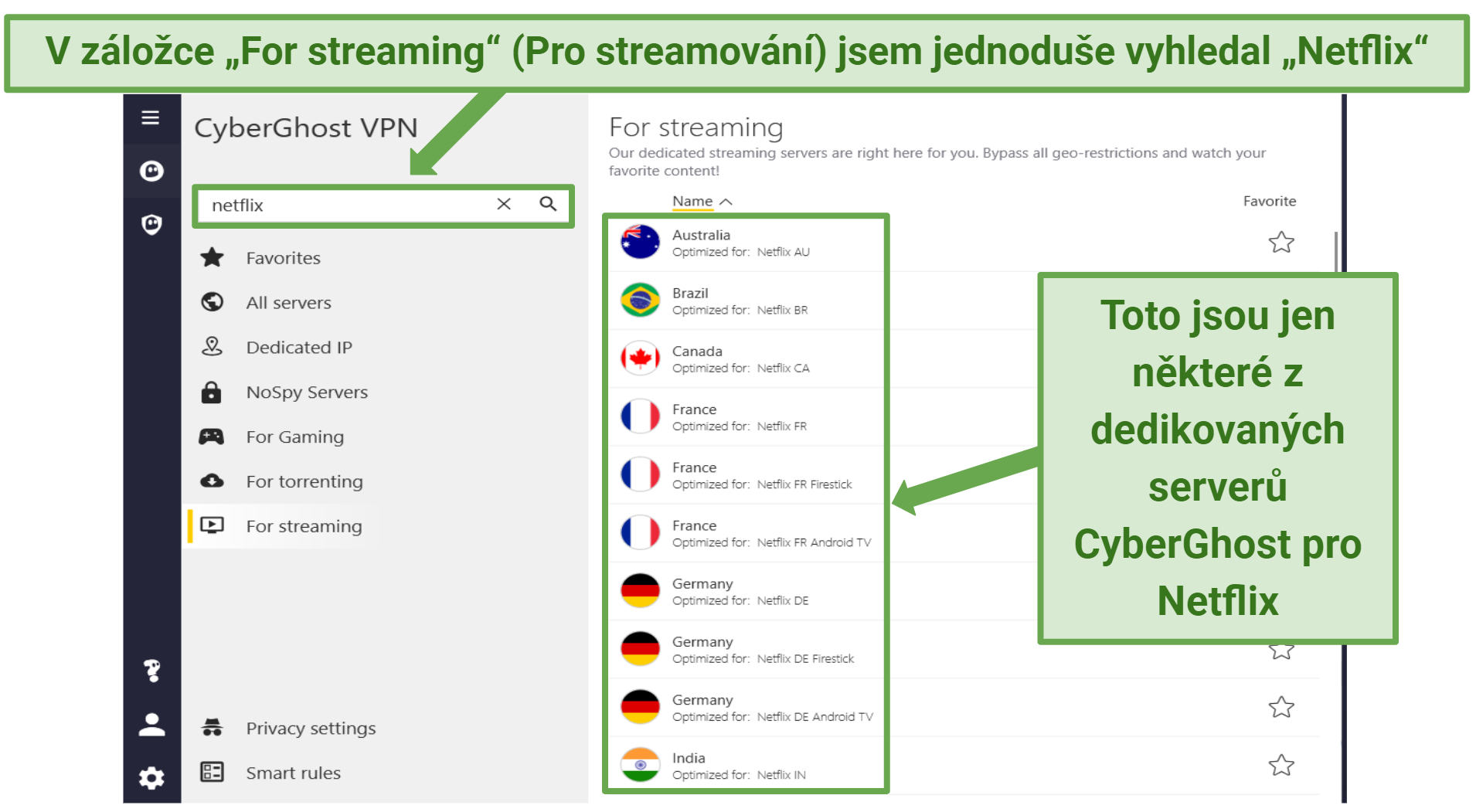 Screenshot displaying a list of CyberGhost's Netflix-optimized servers