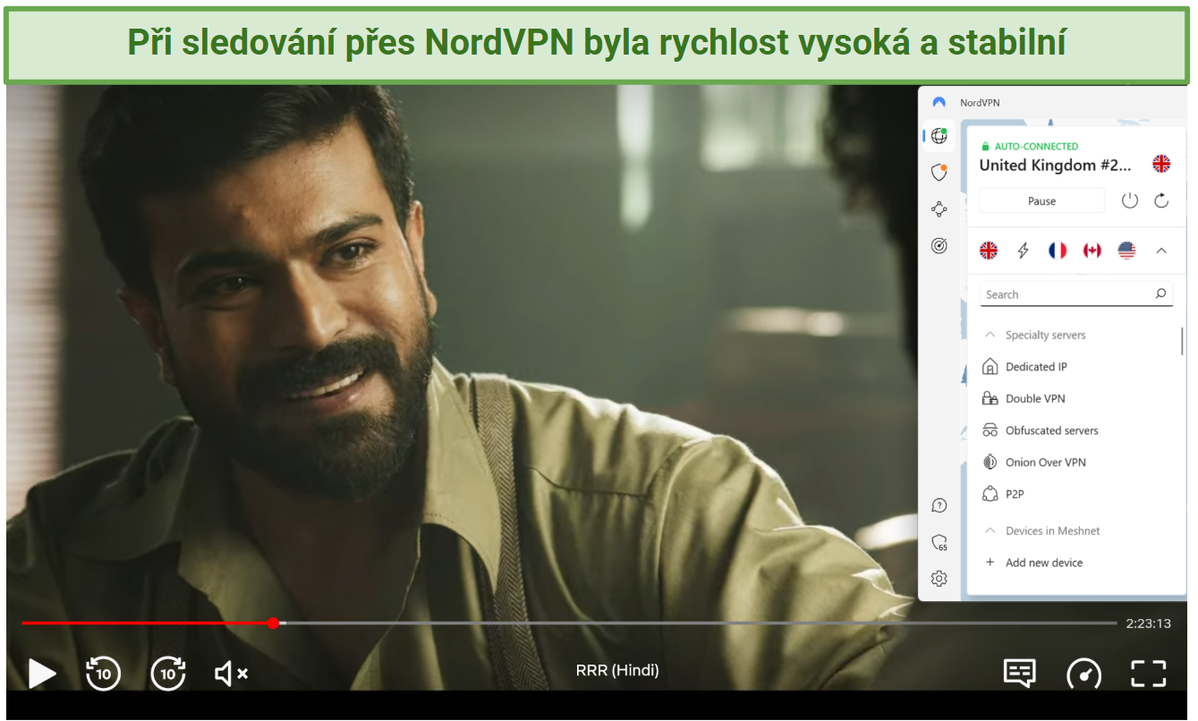 A screenshot of RRR playing on Netflix while connected to one of NordVPN's UK servers