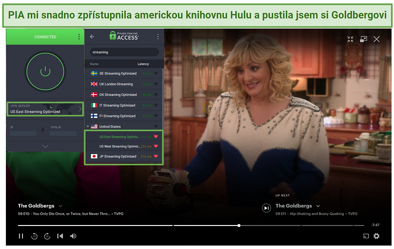 PIA's streaming servers unblocking the US Hulu library and streaming The Goldbergs