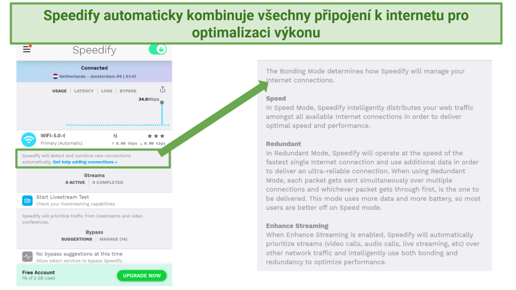 Screenshot showing bonding mode on Speedify's free VPN app