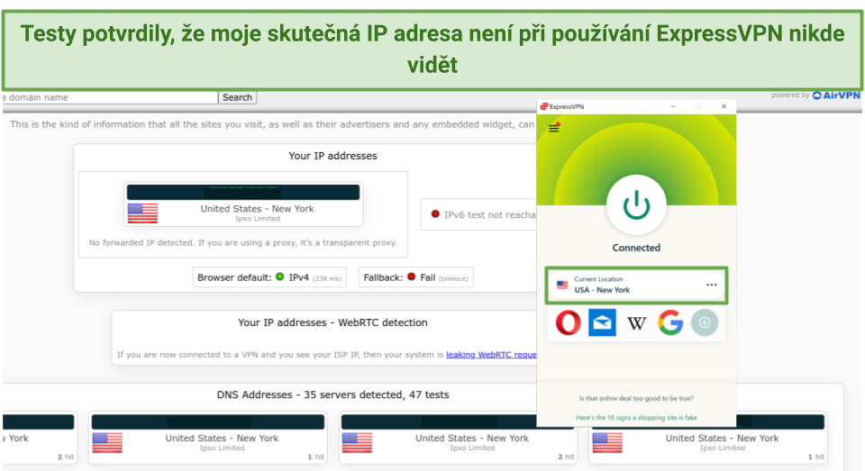 Screenshot of ExpressVPN passing leak tests connected to New York server