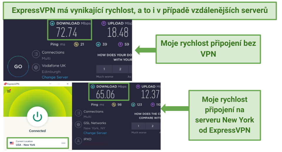 Screenshots of ExpressVPN's speed tests