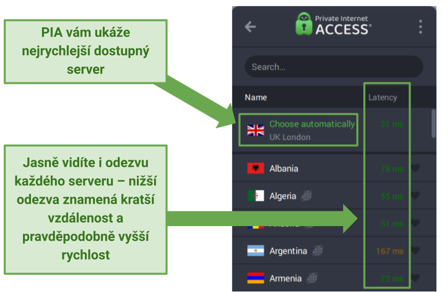 Screenshot of PIA's app showing server latency