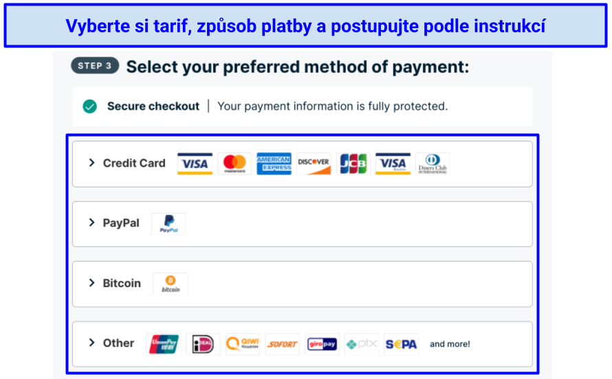 Screenshot of ExpressVPN's payment method options