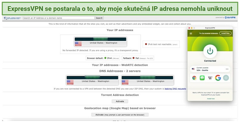 Screenshot showing ExpressVPN leak protection working