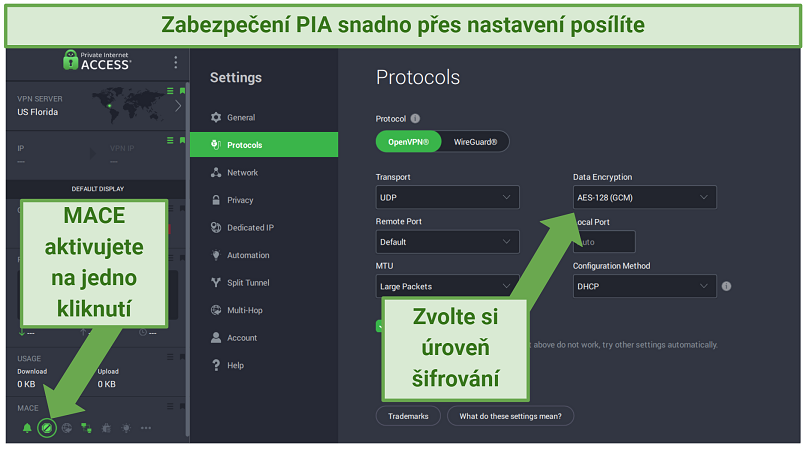 PIA Windows app displaying how to customize different security features and enable MACE