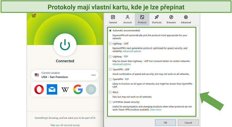Screenshot showing protocols tab in ExpressVPN app for Windows