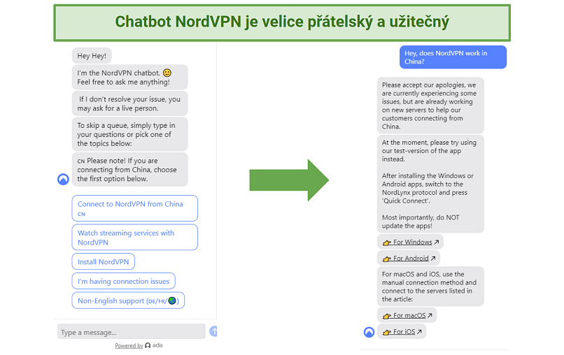 A screenshot of NordVPN's helpful chatbot interface