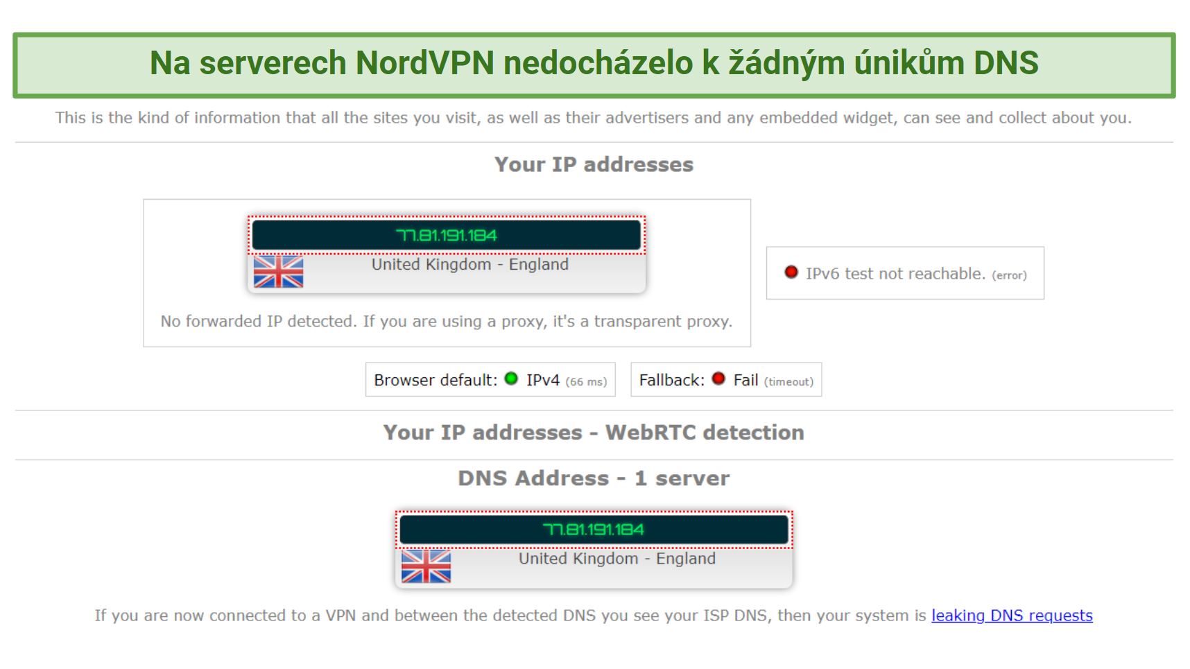 A screenshot of NordVPN's DNS leak tests