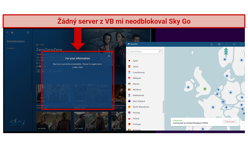 A screenshot of NordVPN not being able to unblock SkyGo