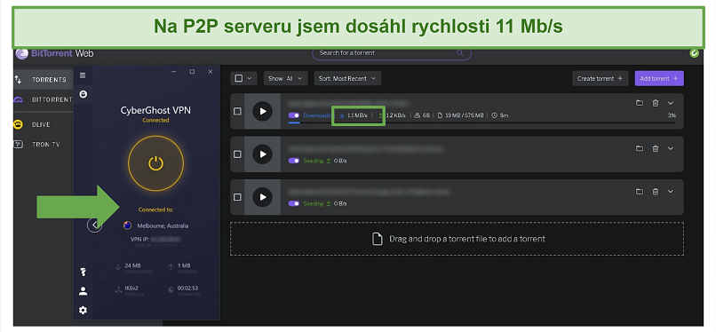 Screenshot of Bit Torrent downloading files while connected to CyberGhost