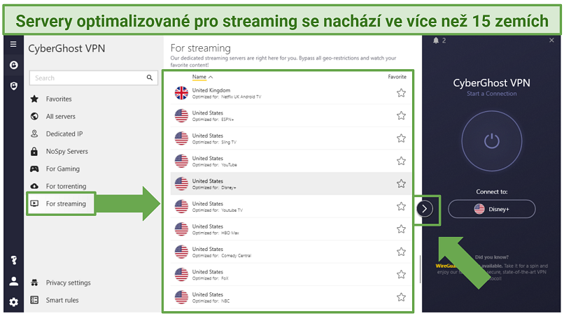 Screenshot of CyberGhost Windows app highlighting the streaming-optimized servers