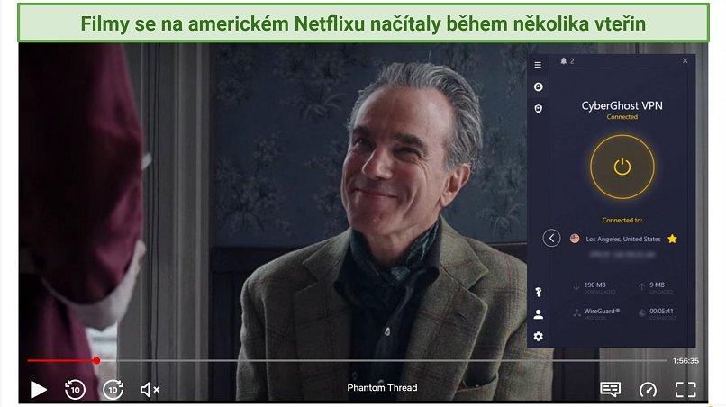 Screenshot of Netflix player streaming Phantom Thread while connected to CyberGhost VPN