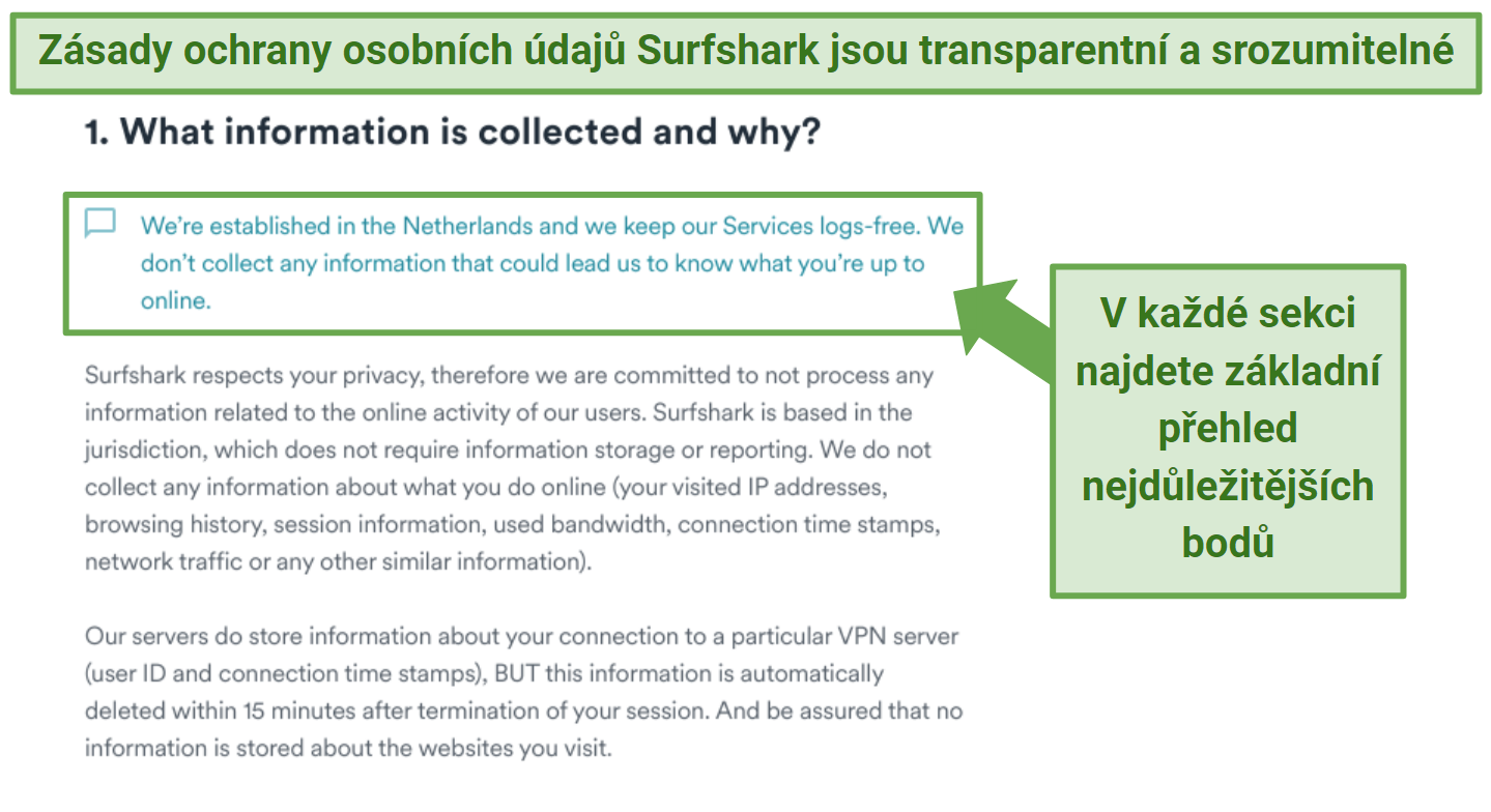 Screenshot showing Surfshark's privacy policy ensuring it stores no identifiable data