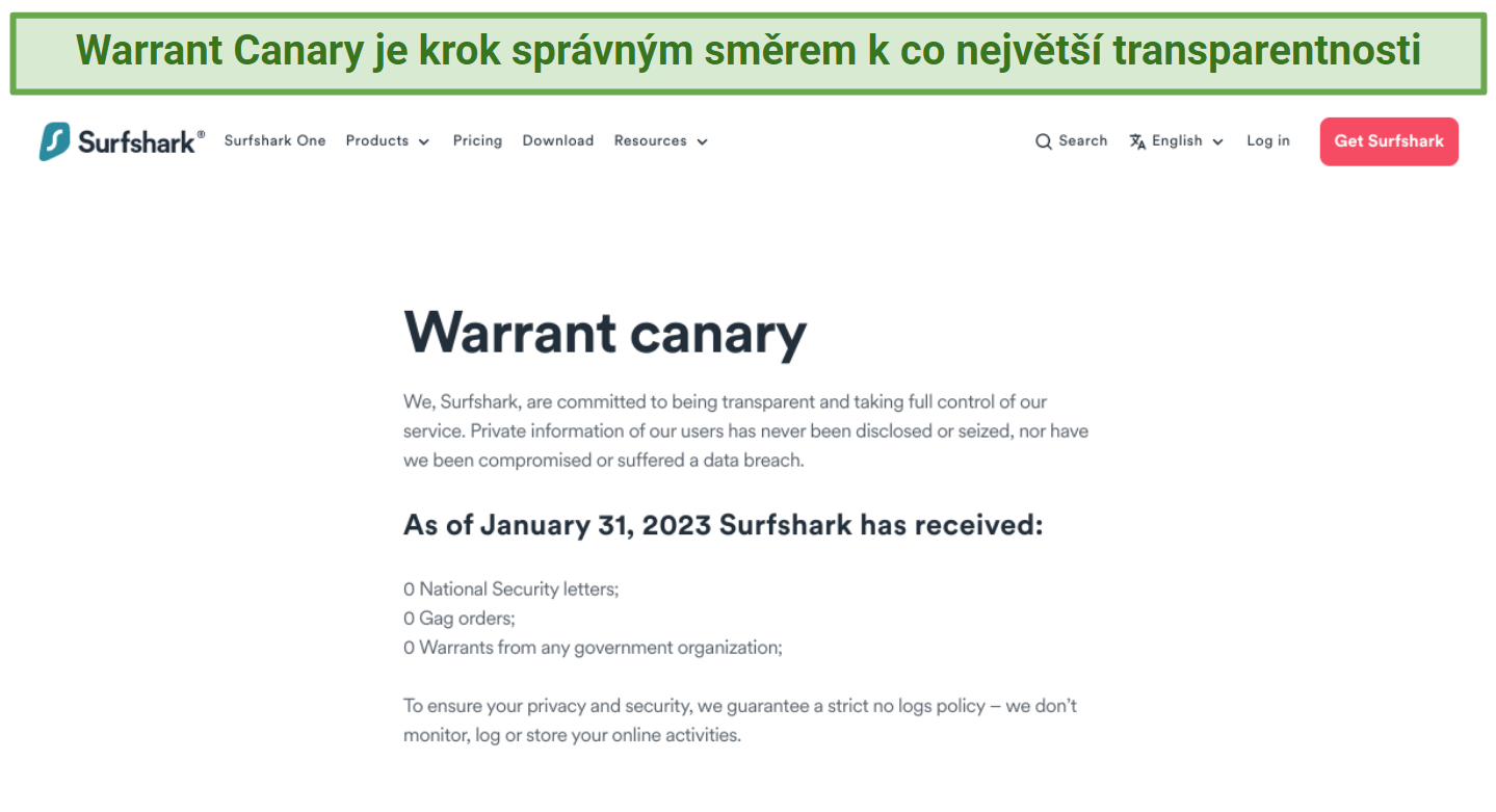 Screenshot of up-to-date Warrant Canary from Surfshark