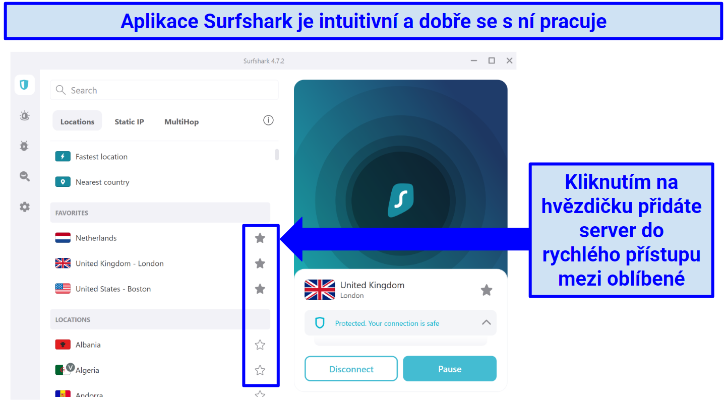 Screenshot showing how to save servers as favorites on Surfshark