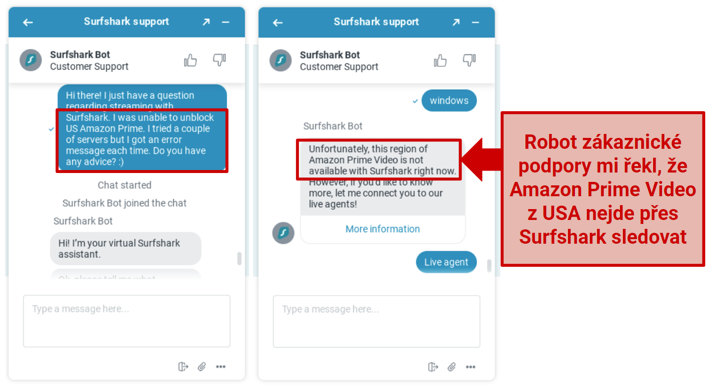 Screenshot of conversation with Surfshark rep explaining it can't unblock Amazon Prime Video