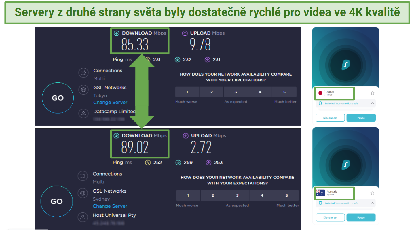 Screenshots of Ookla speed tests done while connected to Surfshark servers in Japan and Australia