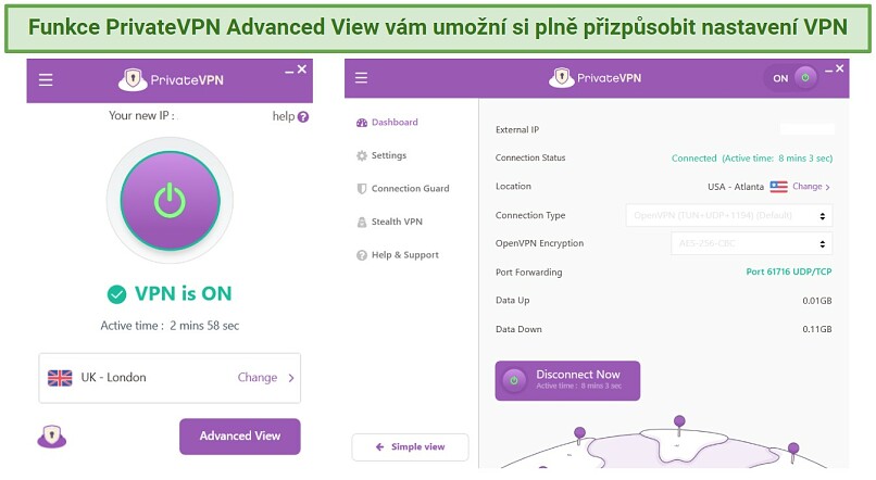 Screenshot showing PrivateVPN's interface