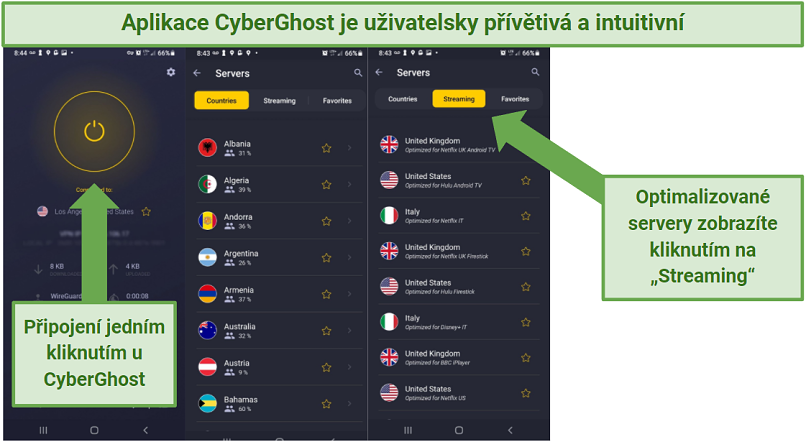 Screenshot of Cyberghost's Android app, indicating where to find its list of optimized servers and where to click 