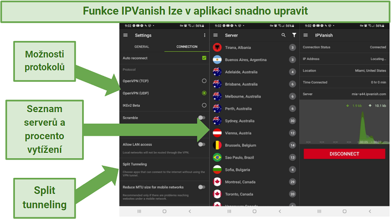 Screenshot of IPVanish's Android app, indicating where to adjust security settings