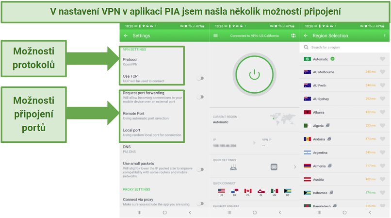 Screenshot showing the PIA Android app, indicating where to change its security settings