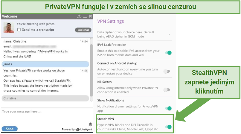 Indication within PrivateVPN's Android app of where to locate Stealth VPN in its settings