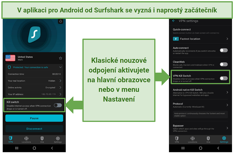 A screenshot of Surfshark's Android app showing the kill switch option on the main screen and in the Settings menu