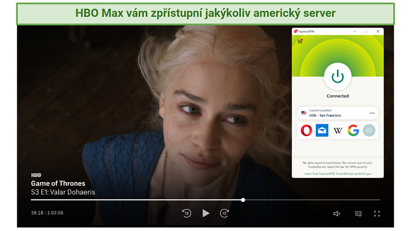 Screenshot of HBO Max player streaming Game of Thrones while connected to ExpressVPN