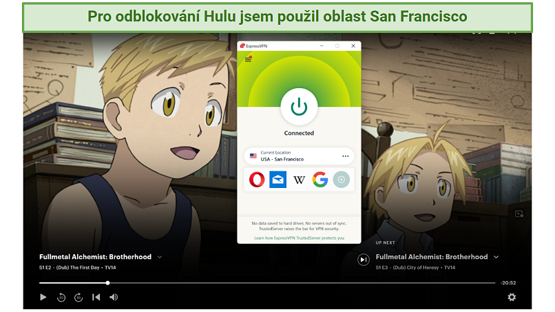 Screenshot of Hulu player streaming Fullmetal Alchemist Brotherhood while connected to ExpressVPN