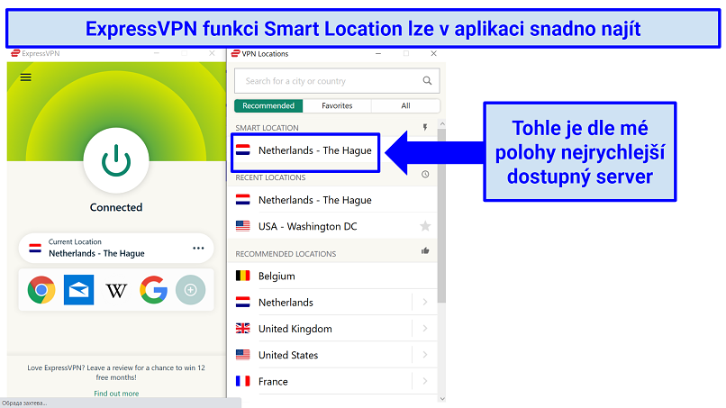 The ExpressVPN app with indication of where to find the Smart Location, for the fastest server available
