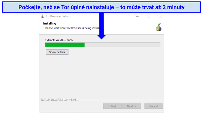 Screenshot of the Tor browser installing on Windows with a progress percentage bar