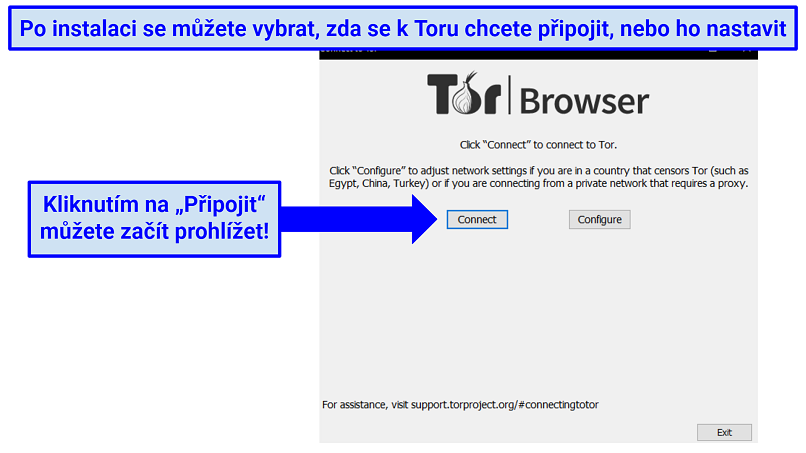 Screenshot of the Tor browser already installed, prompting the user to either connect or configure as the next step