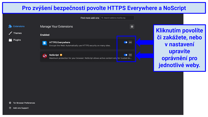 Tor's extension preferences, indicating how to enable, disable, and manage HTTPS Everywhere and NoScript