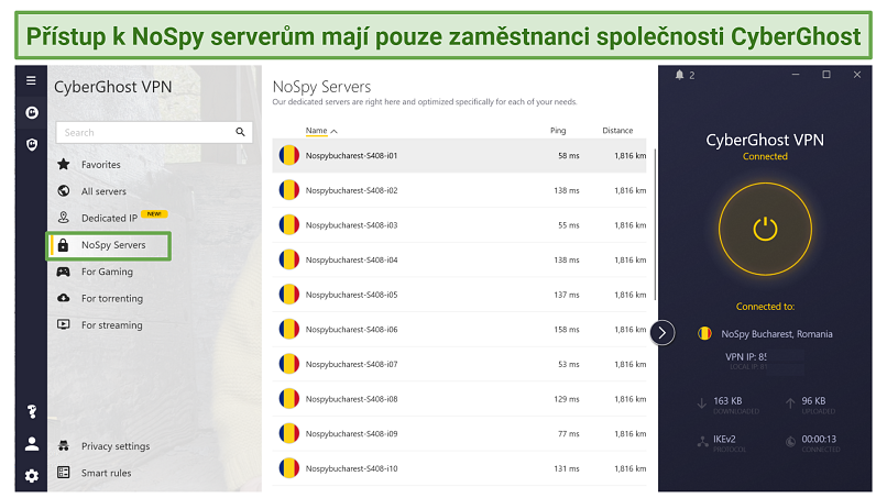 Screenshot showing CyberGhost's list of NoSpy servers in Romania