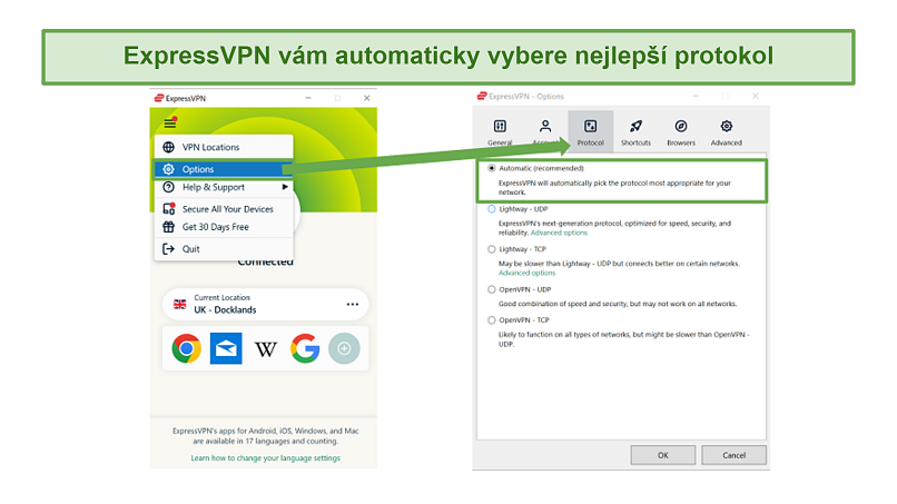 Screenshot showing ExpressVPN's protocol selection menu on Windows