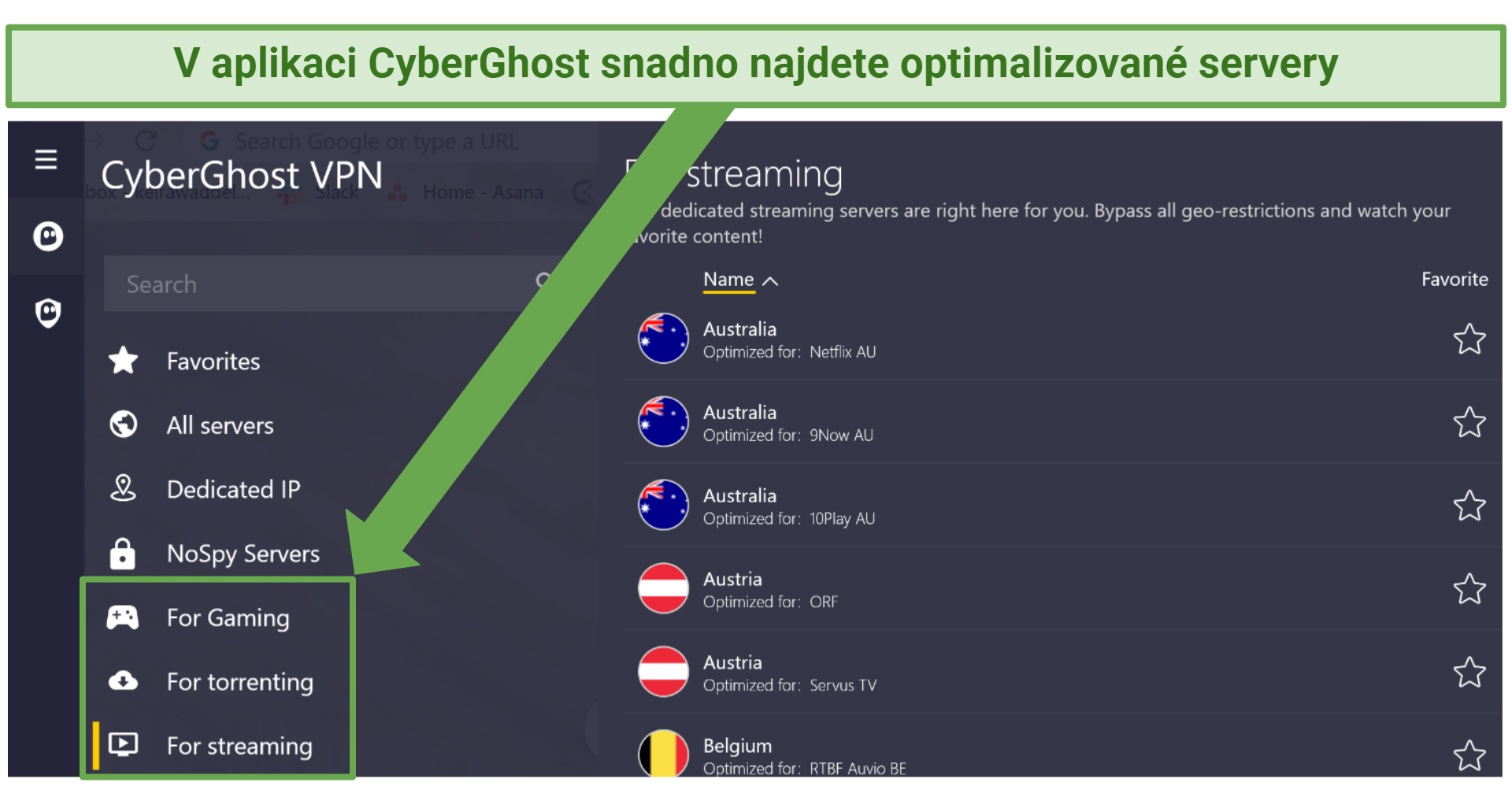 screenshot of CyberGhost's optimized servers in the app