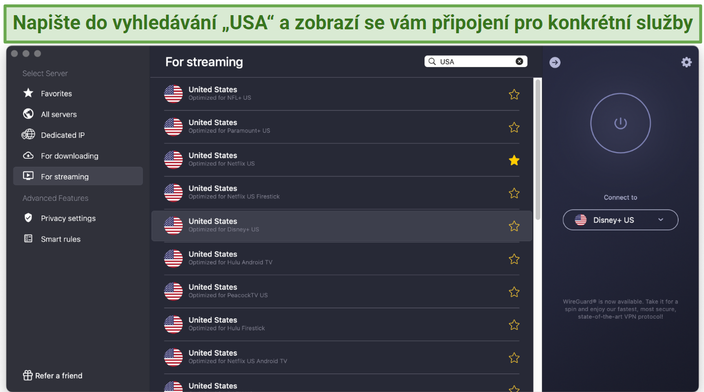 Screenshot showing the US streaming servers on the CyberGhost app