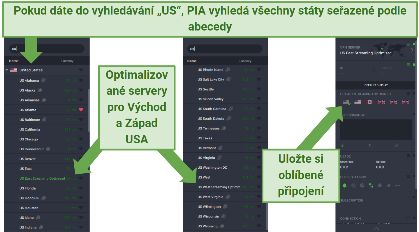 Screenshots of PIA's PC app displaying its US servers